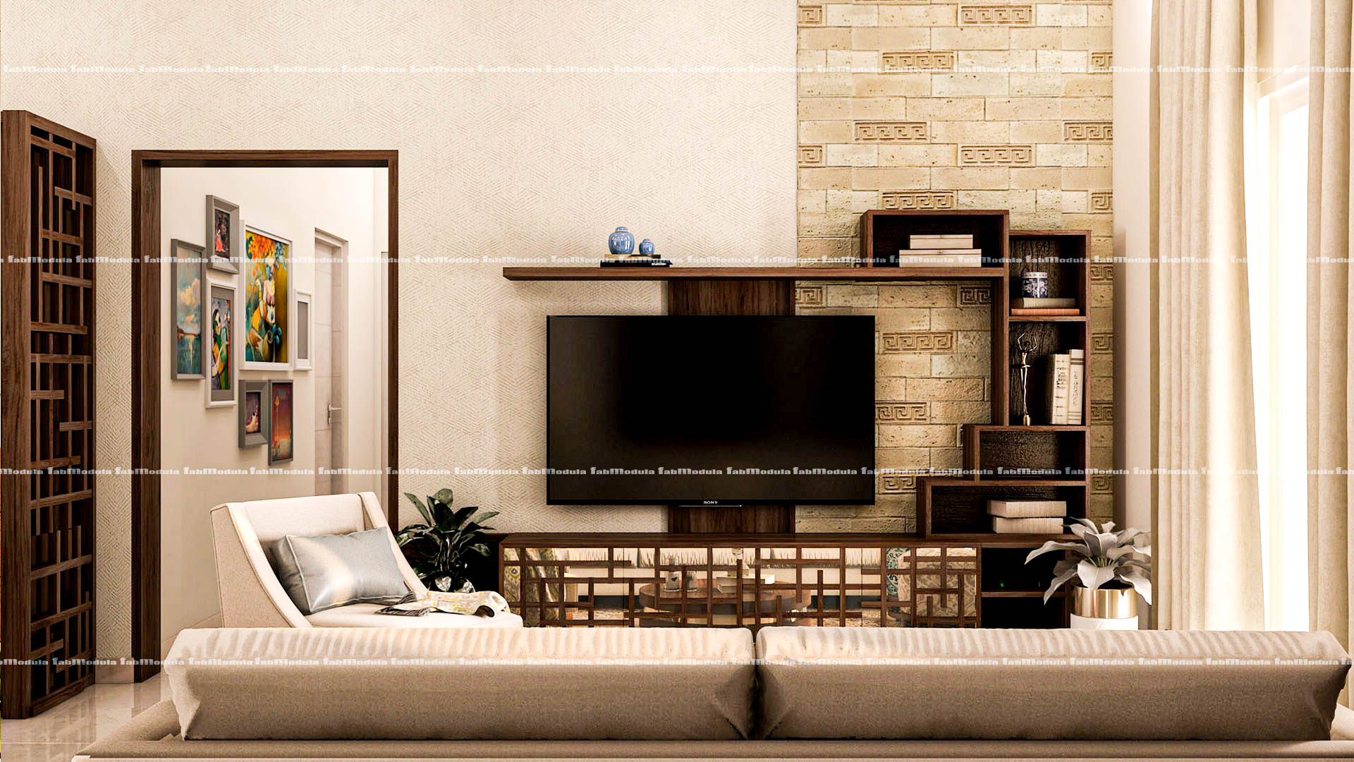 FabModula pleasant living room with tv and sofa set